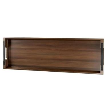 Imagem de Bandeja de servir de madeira de acácia com alças de metal – Bandeja decorativa extra grande de 91 cm para café da manhã na cama, jantar, bar, cozinha e decoração de casa