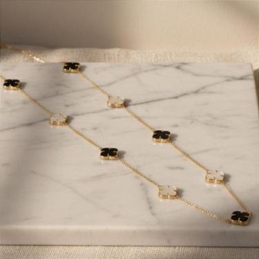 Imagem de Colar de Ouro 18k com 9 Trevos de Madrepérola e Ônix Natural - Joia El