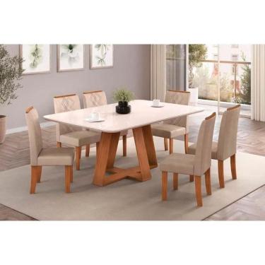 Imagem de Conjunto: Mesa de Cozinha Kiara c/ Tampo Madeirado c/ Vidro Curvo 160x90cm e 6 Cadeiras Ayla Freijo/Off White - Suede Kraft - DJ Móveis