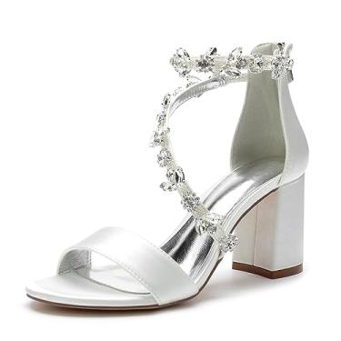Imagem de Hyinlays Sandálias femininas de salto aberto, salto bloco, cristal grosso, para casamento, vestido de casamento, tira no tornozelo, sandália de formatura e festa, Marfim, 36