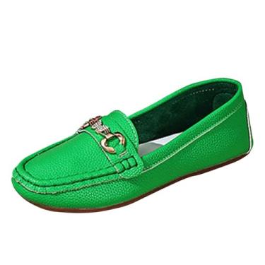Imagem de Mocassins femininos enfeitados com detalhe de corrente de metal e strass bico redondo sapatos casuais, Verde, 35