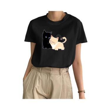 Imagem de Camiseta De Manga Curta Com Estampa De Casal De Gatos, Gola Redonda, E