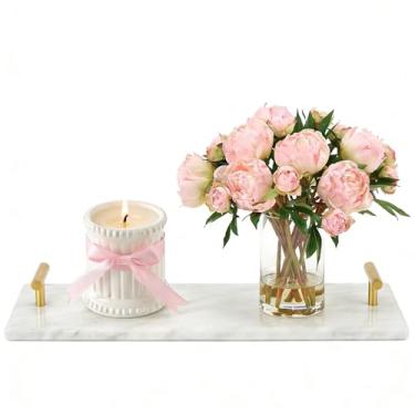 Imagem de Bandeja de suporte de toalha de hóspede para banheiro, bandeja de mármore branco, suporte de toalha, porta-guardanapos com alça em T dourada (29 x 12 cm)