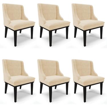Imagem de Kit 6 Cadeiras Estofadas Para Sala De Jantar Base Fixa De Madeira Preto Lia Suede Bege - Ibiza