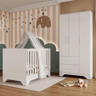 Imagem de Jogo De Quarto Infantil Popy Retrô Plus Guarda Roupa 3 Portas E Berço Branco Brilho - Móveis Peroba
