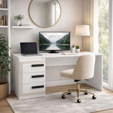 Imagem de Mesa para Escritório Valência 3 Gavetas Branco - Politorno