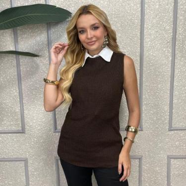 Imagem de Colete Pullover Fang Feminino Tricô Regata Gola Redonda Confortável - 