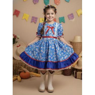 Imagem de Vestido Junino Infantil Azul Flores Festa Junina Caipira Quadrilha Laç