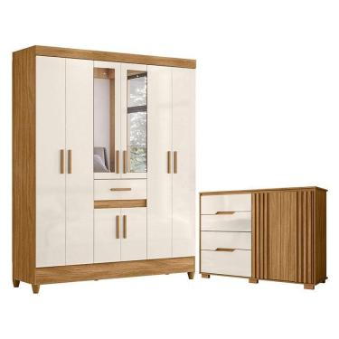 Imagem de Guarda Roupa Casal Portugal Com Espelho E Cômoda Texas Freijó Off White - Moval