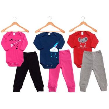 Imagem de Kit Roupa de Bebê 6 Peças Body Manga Longa e Calça Mijão em Algodão Pr