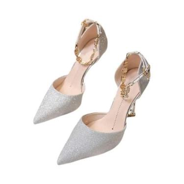 Imagem de Sapatos De Salto Alto Com Tira No Tornozelo E Contas Prateadas Para Mu