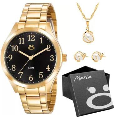 Imagem de Brincos + Relogio Feminino Aço Inox Dourado + Colar + Caixa Moda Stras