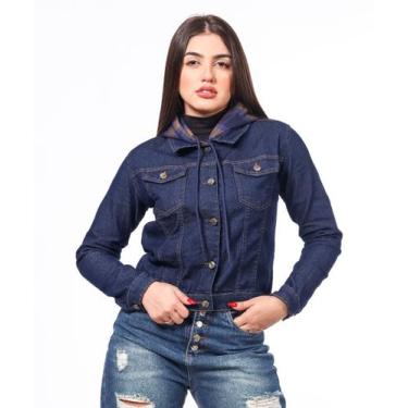 Imagem de Jaqueta Feminina Razon jeans Capuz Removivel Xadrez Azul, Lavagem escu