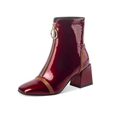 Imagem de TinaCus Botas femininas de couro envernizado bico quadrado feitas à mão com zíper frontal médio salto grosso moderno cano curto, Borgonha, 10.5