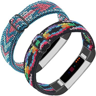 Imagem de Pulseiras de nylon elásticas ajustáveis compatíveis com Fitbit Alta e Alta HR Fitness Tracker, pacote com 2 pulseiras elásticas trançadas acessórias, pulseira de reposição esportiva para mulheres e homens (colorido digital/flecha esmeralda)