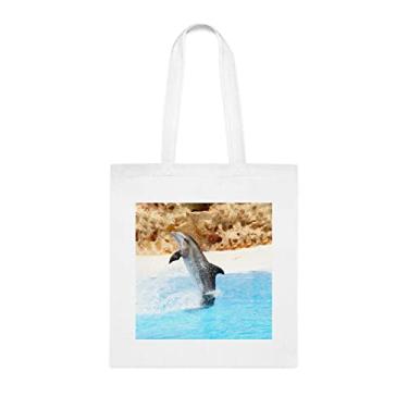 Imagem de Sacola Bottlenose Dolphin realizando um suporte de cauda, presente divertido, bolsa de ombro, bolsas reutilizáveis, ideia de presente de cesta de Natal de aniversário, Branco