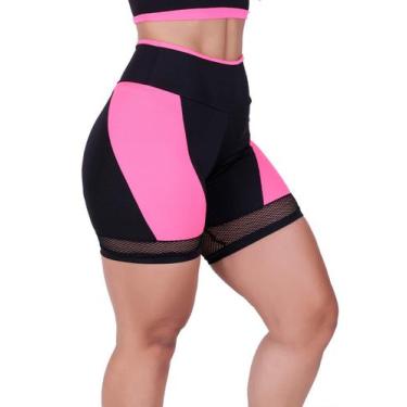Imagem de Bermuda Fitness Com Detalhes Em Tela E Neon Rosa Com Preto - Mtx.Moda