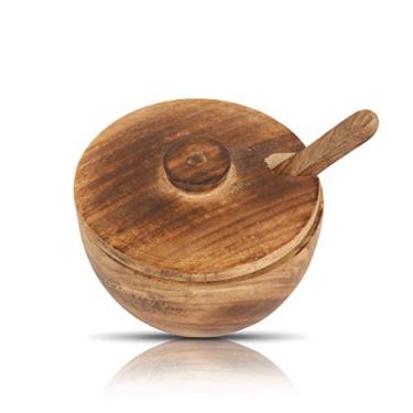 Imagem de Tigela de açúcar e colher de madeira rústica decorativa com tampa boca larga pote de doces suporte de pote de especiarias nozes de condimento tigela de servir pote de sal tempero erva recipiente de armazenamento de chá de folha solta novidade casa e cozinha
