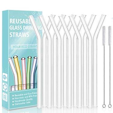 Imagem de Canudos de vidro dobrados reutilizáveis, conjunto de 12 canudos dobrados com 2 escovas de limpeza, resistentes a quebras, não tóxicos, ecológicos reutilizáveis (pacote com 12)