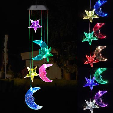 Imagem de Estrelas solares e lua LED sopro Chimes ao ar livre - à prova d'água solar móvel mudança de cor luz vento Chime Decoração, Star Moon Wind-Bell para casa, presente para mãe, festival, decoração de jardim noturno (quadro negro)