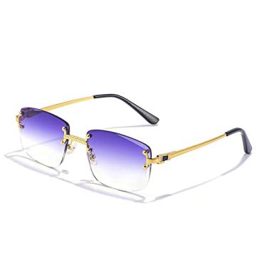 Imagem de Óculos de Sol Quadrado Sem Aro Masculino Feminino UV400 Óculos de Sol Gradiente Pequeno Sem Armação para Homens Óculos de Metal, C16 Dourado Roxo Transparente, Tamanho Único