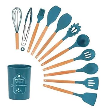 Imagem de Jogo 12 peças Silicone/Madeira Talher Escumadeira Utensilio Cozinha (Azul)