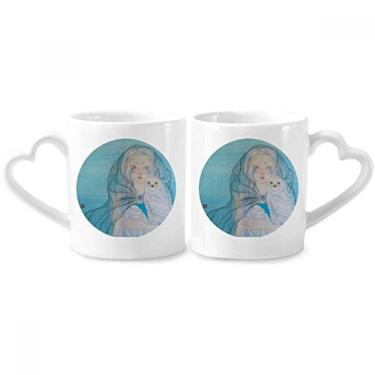 Imagem de Conjunto de canecas de porcelana para casal de coruja branca azul menina estilo chinês com alça de coração