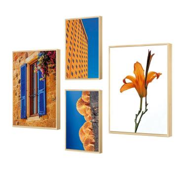 Imagem de Kit 4 Quadros Decorativos Foto Urbano Flor Laranja Cozinha