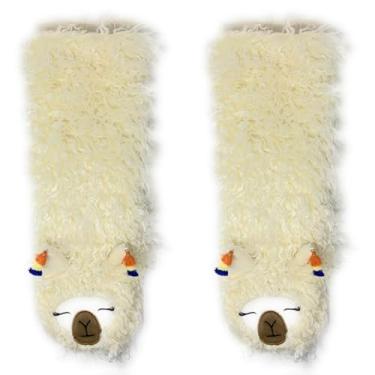 Imagem de ooohyeah Pantufas femininas antiderrapantes felpudas 3D de animais, engraçadas, quentes, aconchegantes, fofas, fofas, para uso interno com pegas, Lhama branca, 5-10