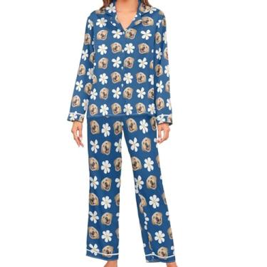Imagem de JUNZAN Conjunto de pijama feminino de cetim coral personalizado manga comprida pijama pijama feminino macio com botões, Azul marinho, P