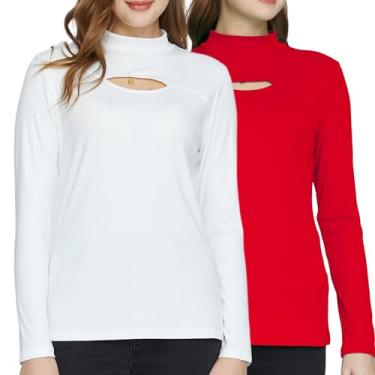 Imagem de SSLR Camisetas femininas de manga comprida com gola rolê canelada e elástica, Branco e vermelho, XXG