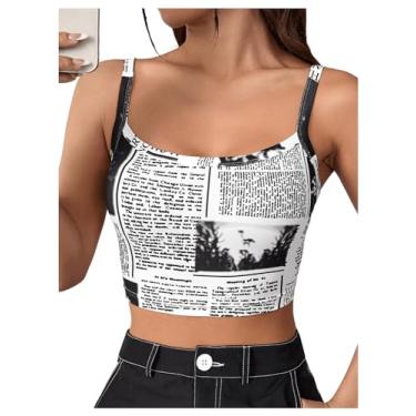 Imagem de WDIRARA Camiseta feminina com estampa de jornal, alças finas, gola redonda, sem mangas, casual, Preto e branco, P