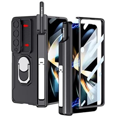 Imagem de PUROOM Capa para Samsung Galaxy Z Fold 3 – Cobertura de dobradiça magnética protetora com suporte de anel S Pen, capa de câmera deslizante, protetor de tela frontal (preto)