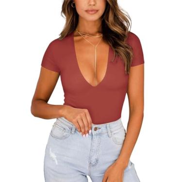 Imagem de REORIA Body feminino sexy com decote V profundo e manga curta, forro duplo, camiseta para sair, Vermelho enferrujado, P