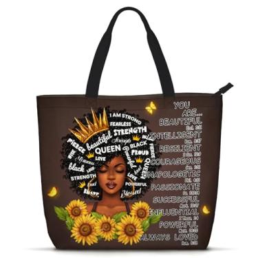 Imagem de Foinior Bolsa feminina negra afro-americana, bolsa de ombro mágica, para trabalho, viagem, praia, compras, Rainha preta com girassol, 19.7 "(L) X 15.7"(H) X 5.9" (W)
