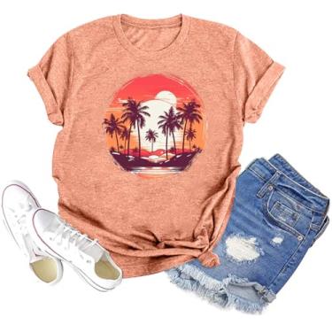 Imagem de Camiseta feminina Sunset Pine Tree, estampa retrô, estampa de sol, casual, manga curta, C 02 - laranja, G