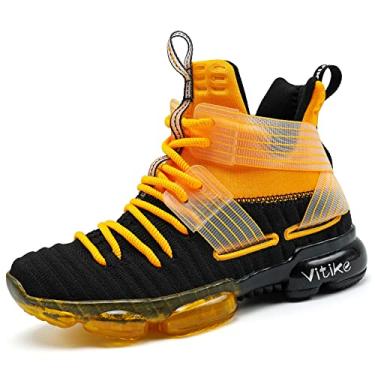 Imagem de JMFCHI Tênis de basquete infantil cano alto tênis esportivo durável com cadarço antiderrapante seguro para crianças pequenas e meninos meninas, Preto/Laranja-8119, 13 Little Kid
