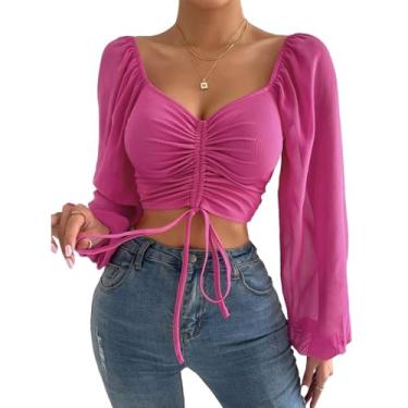Imagem de Camiseta feminina justa com cordão de chiffon com cordão primavera e outono, rosa, Tamanho Único