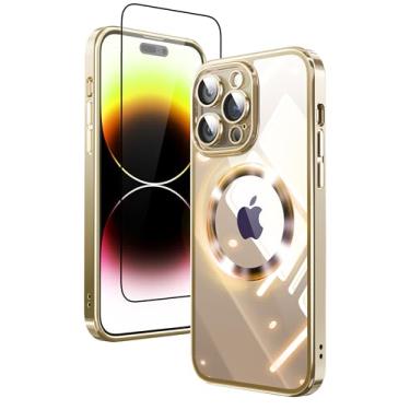 Imagem de Mephoro Capa magnética transparente Crystal Ice Series para iPhone 14 Pro Max [parece um iPhone nu] [ímãs fortes N52] compatível com capa de telefone MagSafe de grau militar à prova de choque de 6,7 polegadas, dourada