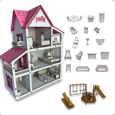 Imagem de Casinha de Bonecas Brinquedo Infantil Em Mdf Pintado Branco + 19 Mini Moveis e Kit Parquinho