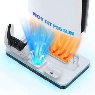 Imagem de CODOGOY Suporte PS5 com estação de resfriamento e estação de carregamento de controle duplo de LED RGB para ps5 Digital e edições de disco, acessórios ps5 com ventilador de resfriamento de 2 níveis e