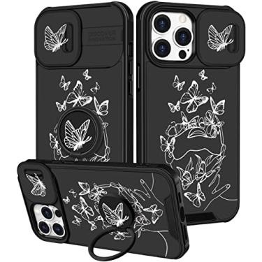 Imagem de Funermei (Capa 2 em 1 para iPhone 13 Pro para mulheres lindas meninas borboleta capa de telefone feminina bonita Kawaii moda preto branco design borboleta com capa de câmera e suporte de anel Funda para Apple 13 Pro capa