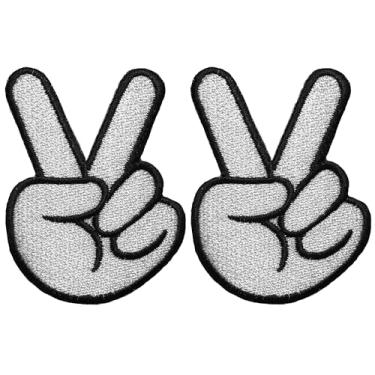 Imagem de Papapatch Conjunto 2 de dois dedos fofo sinal de vitória da paz decalque criança bebê camisetas jaquetas jeans roupas bordadas ferro em costura em patch - branco (ferro-2FINGER-WH-S2)