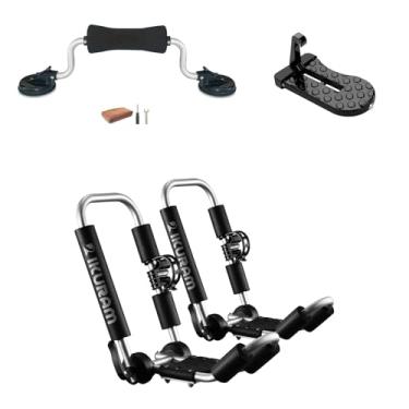 Imagem de Rack de teto para caiaque, suporte de caiaque de alumínio, dobrável, estilo J, universal 3 em 1, multifuncional com rolo de caiaque e degrau de porta de carro para canoa, SUP, caiaques, prancha de