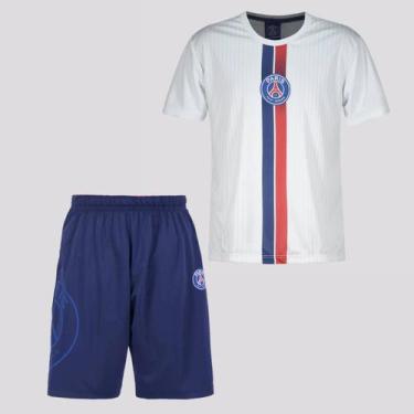 Imagem de Kit de Camisa e Calção PSG Infantil Branca e Marinho - Braziline, 4 AN
