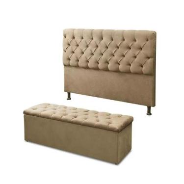 Imagem de Kit Cabeceira com Baú Mirage Capitonê 160 cm Suede Bege - Biselo's Dec