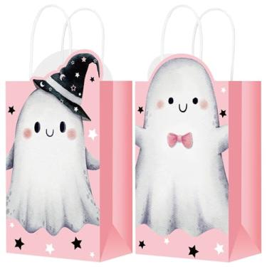 Imagem de Frienda 16 peças rosa e preto sacos de lembrancinha de festa de Halloween com alça rosa sacos de presente de papel para presente de Halloween para crianças aniversário chá de bebê suprimentos de festa