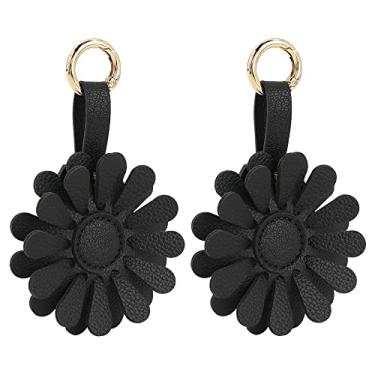 Imagem de URIZZD Chaveiro Air Tag para Apple Airtags, 2 pacotes de capas de etiqueta de ar de flor, capa de couro para AirTags suporte para bolsa/carteira/animais de estimação/crianças/viagem (6FBAAT02-preto)