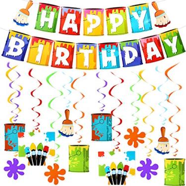 Imagem de 13 peças de artigos de festa de arte incluem arte de aniversário, banner de pintura, placa de feliz aniversário e 12 peças de decoração de rodinhas para pendurar arte, tema de pintura artística, decoração de festa de aniversário, chá de bebê