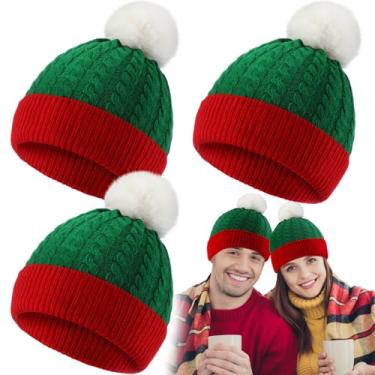 Imagem de Suhine 3 peças de chapéu de malha de Natal, chapéu de Papai Noel, gorro de Papai Noel, gorro de lã de Natal para adultos, mulheres e homens, Verde, M